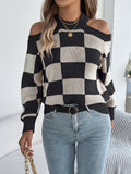 Women's Off-Shoulder Color-Blocked Plaid Lantern Sleeve Sweater