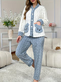 Pigiama autunno/inverno, manica lunga e gambe lunghe, orso ricamato con motivo a canguro, caldo, comodo, casual, in jacquard, per adolescenti