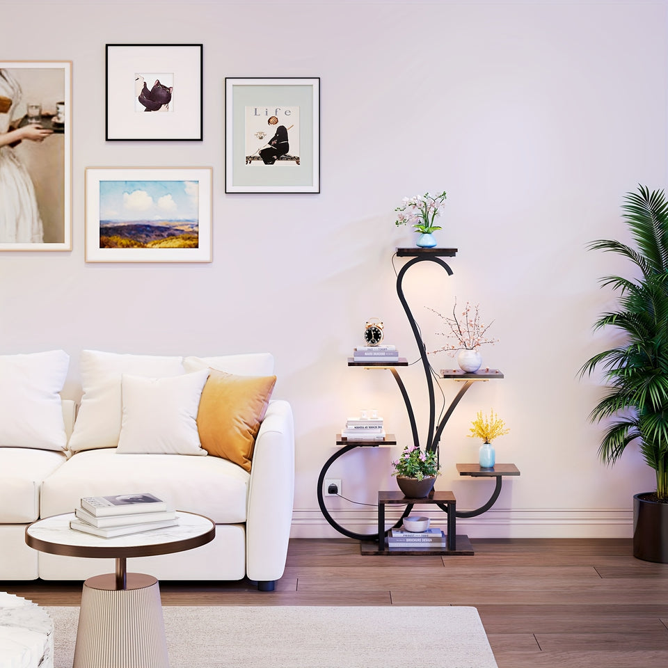 8-Tier Indoor Plant Stand with Sturdy Wood Top & Sturdy Metal Frame - 8-Tier Vertical Space-Saving Flower Shelf, Irregular Shape Design for Potted Plants, Houseplants, Balcony, Living Room, Office - Modern Farmhouse Style Dis