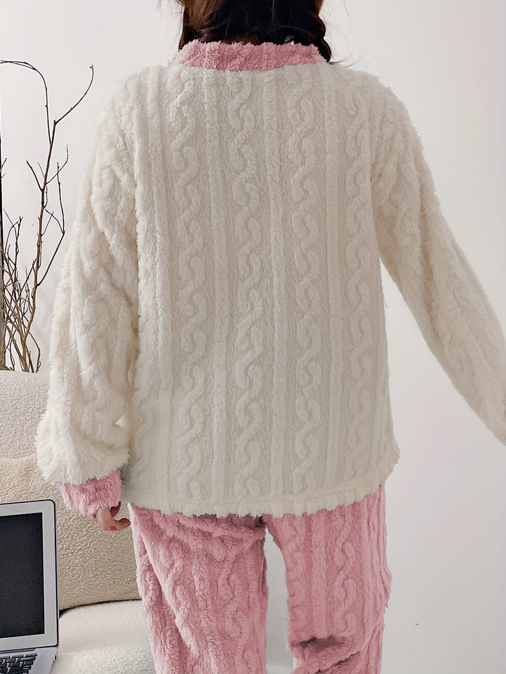 Women'S Cozy Fleece Pajama Set with Bear Embroidery - Long Sleeve, Loose Fit, V-Neck, Button-Up Front, Pockets, Soft & Warm for Fall/Winter, Casual Home Wear, Winter Pajamas | Relaxed Fit Pajamas | Construction, Pajamas for W