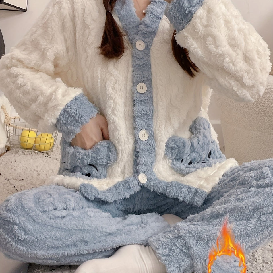 Women'S Cozy Fleece Pajama Set with Bear Embroidery - Long Sleeve, Loose Fit, V-Neck, Button-Up Front, Pockets, Soft & Warm for Fall/Winter, Casual Home Wear, Winter Pajamas | Relaxed Fit Pajamas | Construction, Pajamas for W