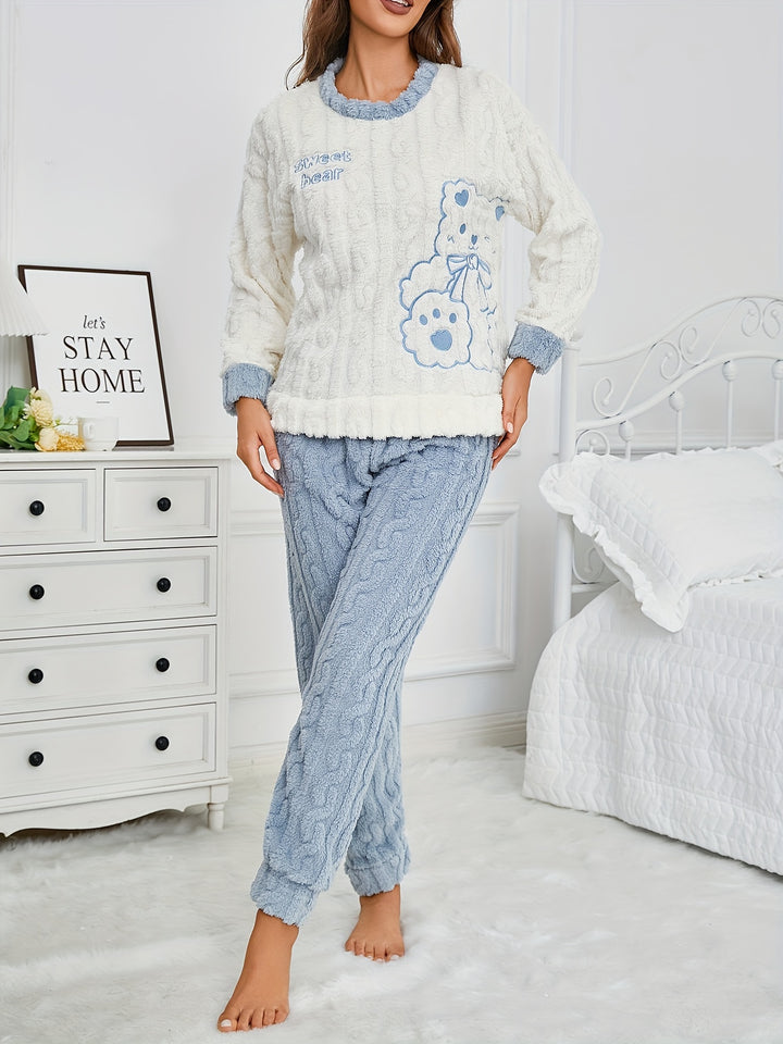 1 set da donna con grazioso orsacchiotto e cartone animato ricamato in pile, top girocollo a maniche lunghe in poliestere e pantaloni lunghi, comodo pigiama invernale dalla vestibilità ampia