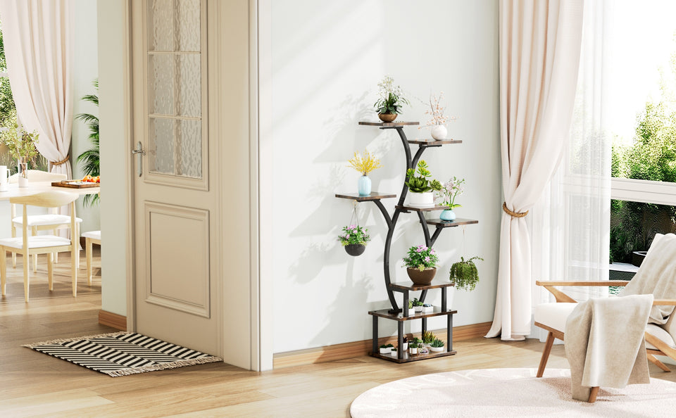 8-Tier Indoor Plant Stand with Sturdy Wood Top & Sturdy Metal Frame - 8-Tier Vertical Space-Saving Flower Shelf, Irregular Shape Design for Potted Plants, Houseplants, Balcony, Living Room, Office - Modern Farmhouse Style Dis