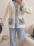 Women'S Cozy Fleece Pajama Set with Bear Embroidery - Long Sleeve, Loose Fit, V-Neck, Button-Up Front, Pockets, Soft & Warm for Fall/Winter, Casual Home Wear, Winter Pajamas | Relaxed Fit Pajamas | Construction, Pajamas for W
