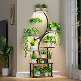 Plant Stand Indoor with Grow Lights, Multi-functional Metal Display Stand, 157cm High & 8 Storey Indoor Shelf for Multiple Plants, Curved Shape Plant Stand, Suitable for Living Room, Courtyard, Balcony, Corner (Without Adapte