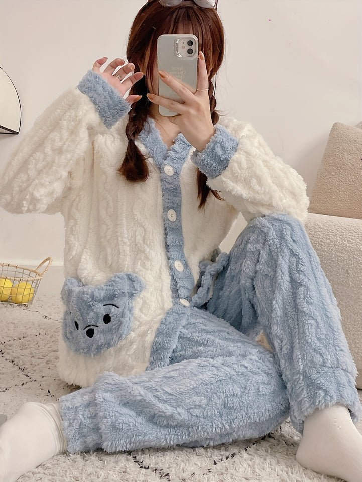 Women'S Cozy Fleece Pajama Set with Bear Embroidery - Long Sleeve, Loose Fit, V-Neck, Button-Up Front, Pockets, Soft & Warm for Fall/Winter, Casual Home Wear, Winter Pajamas | Relaxed Fit Pajamas | Construction, Pajamas for W