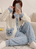 Women'S Cozy Fleece Pajama Set with Bear Embroidery - Long Sleeve, Loose Fit, V-Neck, Button-Up Front, Pockets, Soft & Warm for Fall/Winter, Casual Home Wear, Winter Pajamas | Relaxed Fit Pajamas | Construction, Pajamas for W