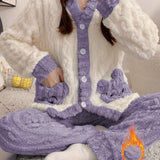 Women'S Cozy Fleece Pajama Set with Bear Embroidery - Long Sleeve, Loose Fit, V-Neck, Button-Up Front, Pockets, Soft & Warm for Fall/Winter, Casual Home Wear, Winter Pajamas | Relaxed Fit Pajamas | Construction, Pajamas for W