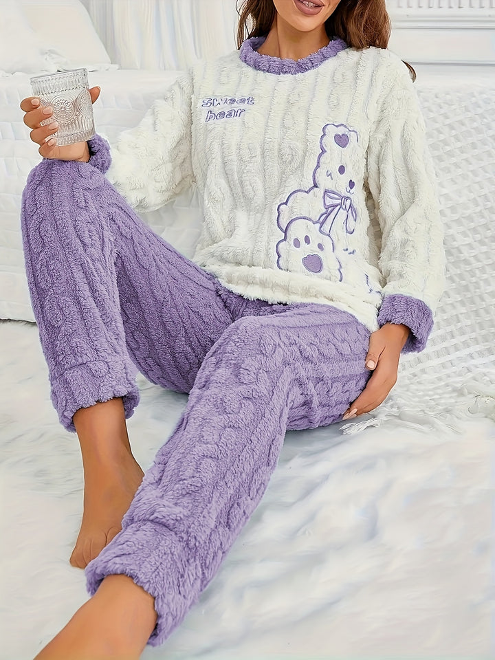 1 set da donna con grazioso orsacchiotto e cartone animato ricamato in pile, top girocollo a maniche lunghe in poliestere e pantaloni lunghi, comodo pigiama invernale dalla vestibilità ampia