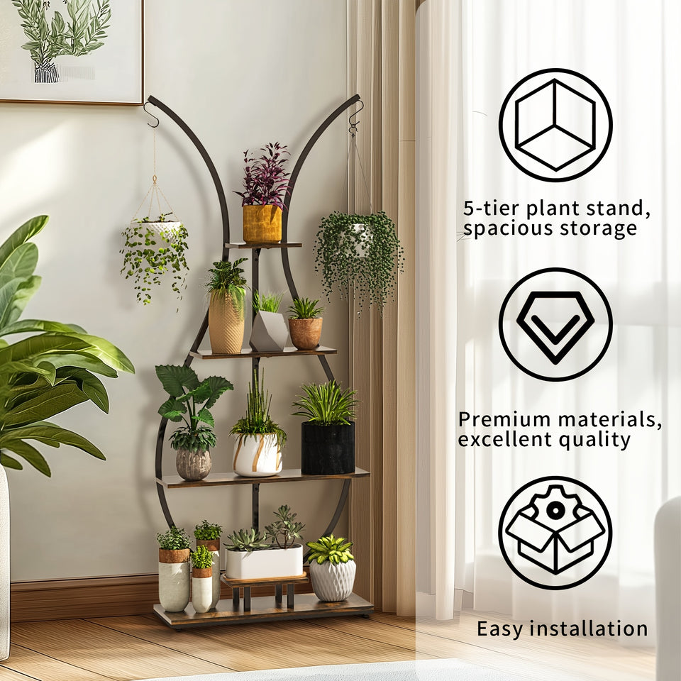 Supporto per piante a forma di vaso, struttura in metallo, per interni, a 5 ripiani, con gancio per appendere, espositore per fioriere multiple, per la decorazione di casa, soggiorno, balcone