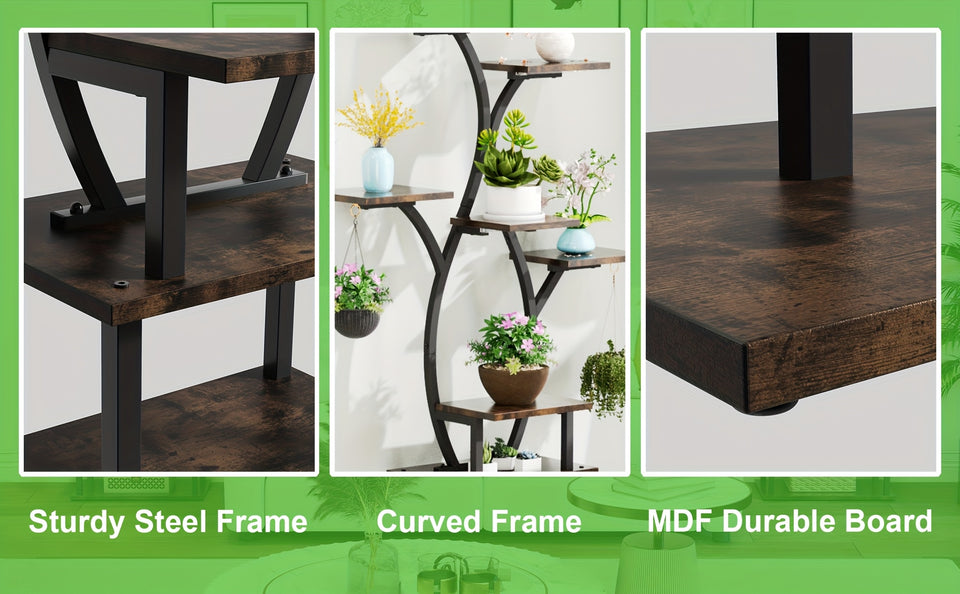 8-Tier Indoor Plant Stand with Sturdy Wood Top & Sturdy Metal Frame - 8-Tier Vertical Space-Saving Flower Shelf, Irregular Shape Design for Potted Plants, Houseplants, Balcony, Living Room, Office - Modern Farmhouse Style Dis