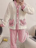 Women'S Cozy Fleece Pajama Set with Bear Embroidery - Long Sleeve, Loose Fit, V-Neck, Button-Up Front, Pockets, Soft & Warm for Fall/Winter, Casual Home Wear, Winter Pajamas | Relaxed Fit Pajamas | Construction, Pajamas for W