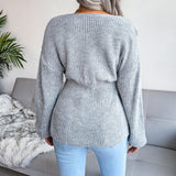 Women's Lantern Sleeve Waist-Defined Hem Ruffle Knitted Sweater