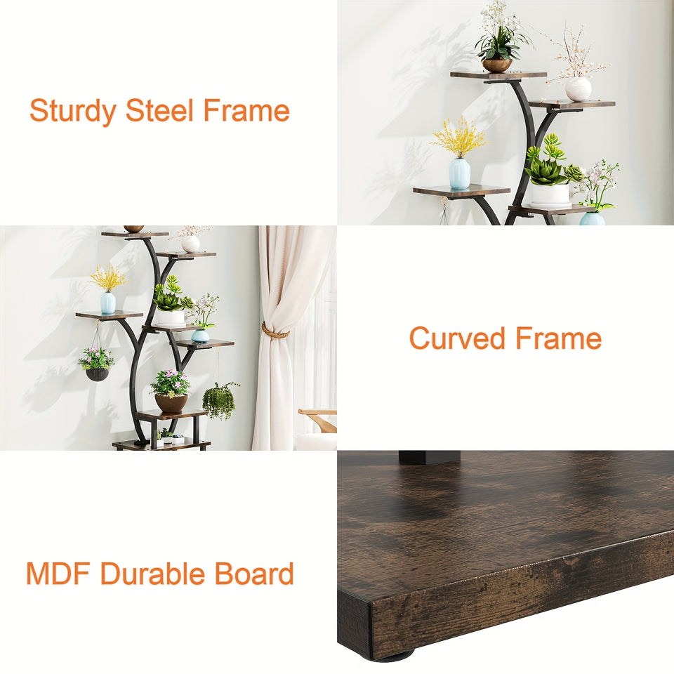 8-Tier Indoor Plant Stand with Sturdy Wood Top & Sturdy Metal Frame - 8-Tier Vertical Space-Saving Flower Shelf, Irregular Shape Design for Potted Plants, Houseplants, Balcony, Living Room, Office - Modern Farmhouse Style Dis