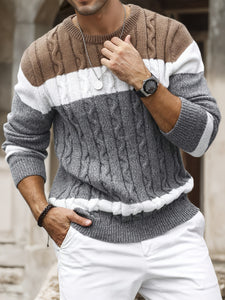 Men's Autumn Winter Color Block Knit Sweater - Soft Stretch Round Neck Long Sleeve with Contrast Stripes & Cable-Knit Detailing, Casual Business Casual Pullover for Office & Outings, Knitted Sweater, Outfit for Outings, Textu