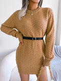 Women's Solid Color Plaid Long Sleeve Knitted Slip Dress