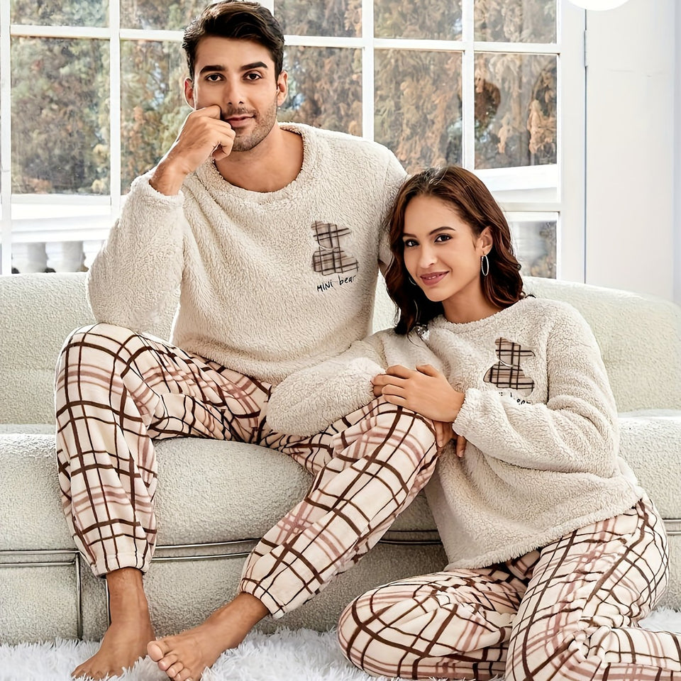 [UOMO/DONNA] Completo da notte in peluche autunno-inverno per coppie, con motivo a quadri, manica lunga e pantaloni, per uomo o donna, con ricamo casuale di un orso sulla parte superiore