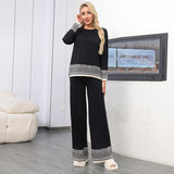 Completo versatile da donna composto da top girocollo in jacquard e pantaloni a gamba larga