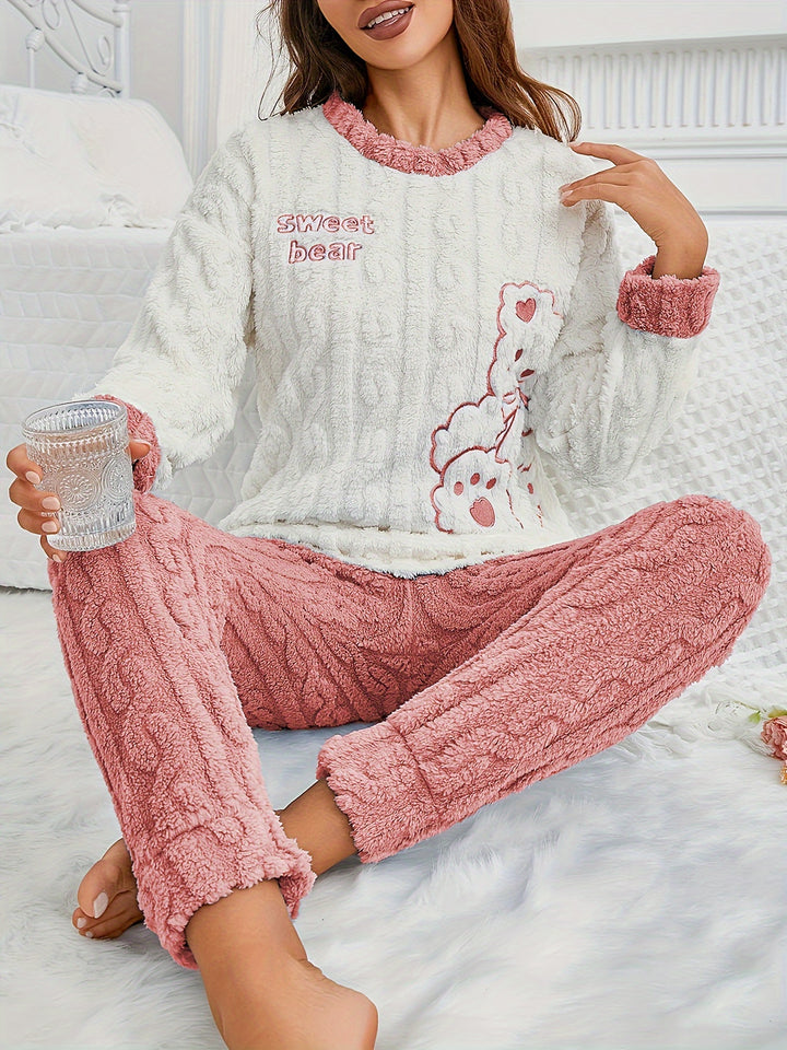 1 set da donna con grazioso orsacchiotto e cartone animato ricamato in pile, top girocollo a maniche lunghe in poliestere e pantaloni lunghi, comodo pigiama invernale dalla vestibilità ampia