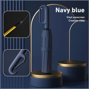 Ombrello con fibbia ad anello rotante automatico a 5 colori, adatto allo zaino, antivento, ombrellone pieghevole a 10 stecche, impugnatura in gomma, design minimalista, adatto per viaggi all'aperto, regalo ideale per la festa del papà, Halloween, Natale