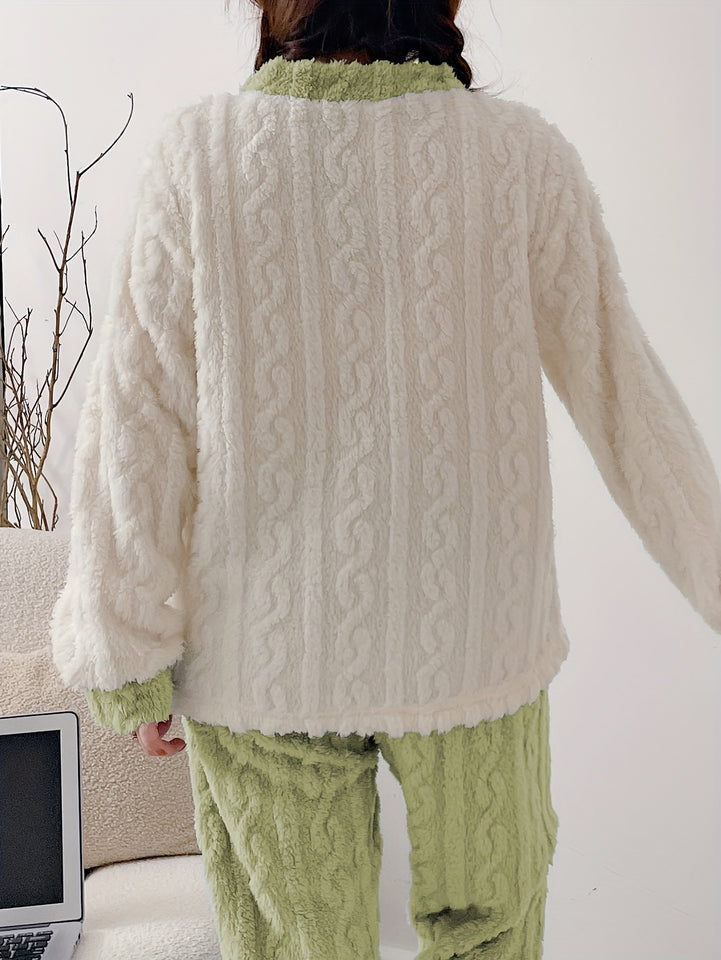 Women'S Cozy Fleece Pajama Set with Bear Embroidery - Long Sleeve, Loose Fit, V-Neck, Button-Up Front, Pockets, Soft & Warm for Fall/Winter, Casual Home Wear, Winter Pajamas | Relaxed Fit Pajamas | Construction, Pajamas for W