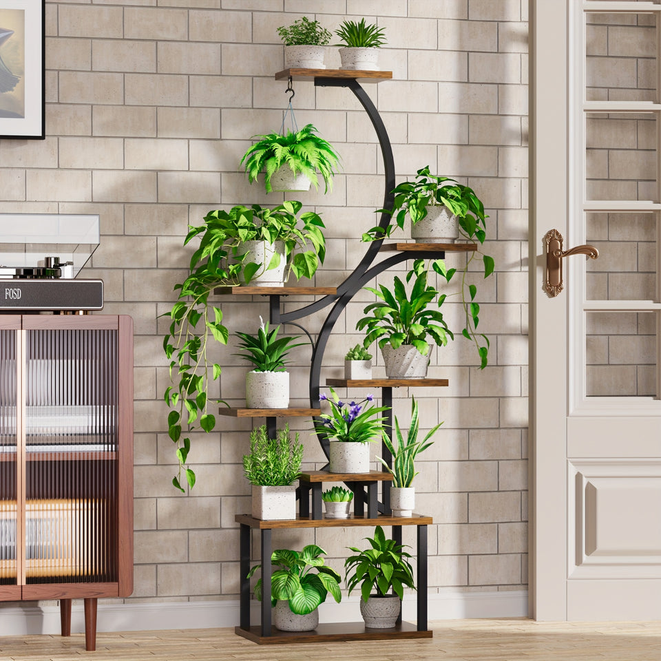 Plant Stand Indoor with Grow Lights, Multi-functional Metal Display Stand, 157cm High & 8 Storey Indoor Shelf for Multiple Plants, Curved Shape Plant Stand, Suitable for Living Room, Courtyard, Balcony, Corner (Without Adapte