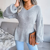 Women's Lantern Sleeve Waist-Defined Hem Ruffle Knitted Sweater