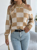 Women's Off-Shoulder Color-Blocked Plaid Lantern Sleeve Sweater