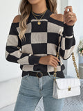 Women's Off-Shoulder Color-Blocked Plaid Lantern Sleeve Sweater