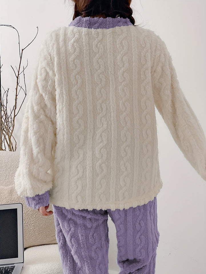 Women'S Cozy Fleece Pajama Set with Bear Embroidery - Long Sleeve, Loose Fit, V-Neck, Button-Up Front, Pockets, Soft & Warm for Fall/Winter, Casual Home Wear, Winter Pajamas | Relaxed Fit Pajamas | Construction, Pajamas for W