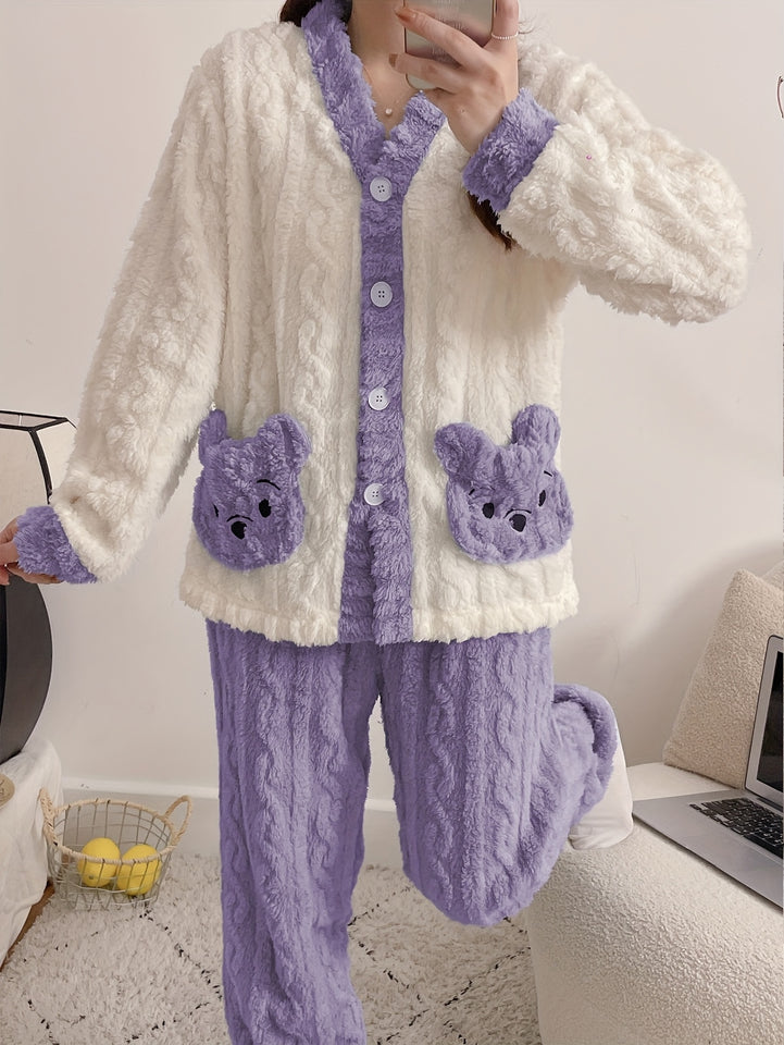 Women'S Cozy Fleece Pajama Set with Bear Embroidery - Long Sleeve, Loose Fit, V-Neck, Button-Up Front, Pockets, Soft & Warm for Fall/Winter, Casual Home Wear, Winter Pajamas | Relaxed Fit Pajamas | Construction, Pajamas for W