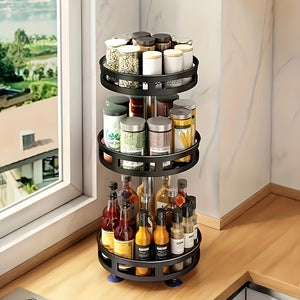 360-Degree Rotating Kitchen Organizer - Metal Spice Rack with Storage Containers for Seasonings, Oils, and Vinegar - Double/Triple Layer Options