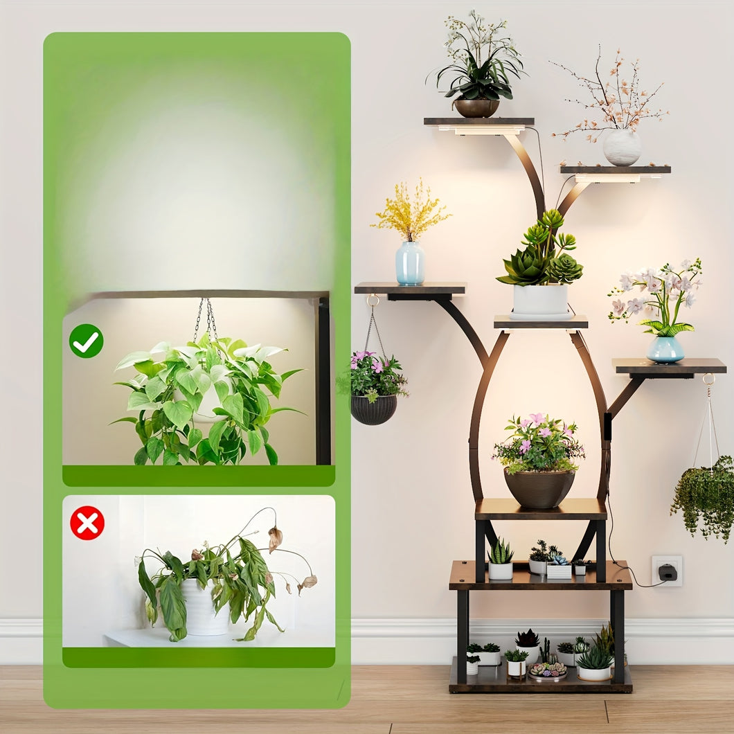 8-Tier Indoor Plant Stand with Sturdy Wood Top & Sturdy Metal Frame - 8-Tier Vertical Space-Saving Flower Shelf, Irregular Shape Design for Potted Plants, Houseplants, Balcony, Living Room, Office - Modern Farmhouse Style Dis