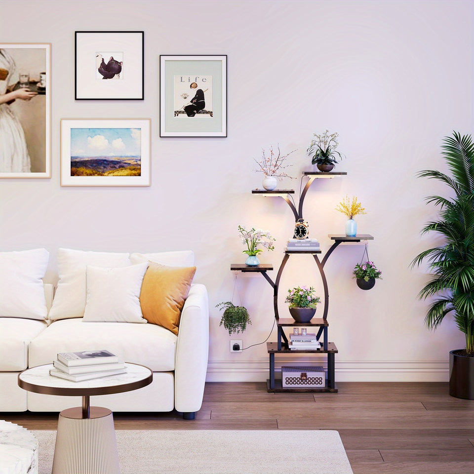 8-Tier Indoor Plant Stand with Sturdy Wood Top & Sturdy Metal Frame - 8-Tier Vertical Space-Saving Flower Shelf, Irregular Shape Design for Potted Plants, Houseplants, Balcony, Living Room, Office - Modern Farmhouse Style Dis