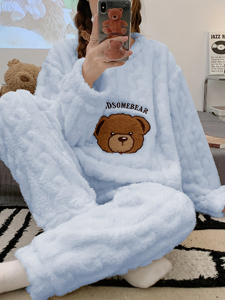Nuovo pigiama caldo e spesso autunno/inverno, top a maniche lunghe in jacquard con motivo a orso e pantaloni in flanella