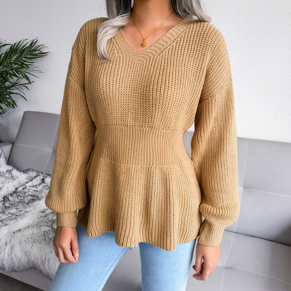 Women's Lantern Sleeve Waist-Defined Hem Ruffle Knitted Sweater