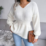 Women's Lantern Sleeve Waist-Defined Hem Ruffle Knitted Sweater