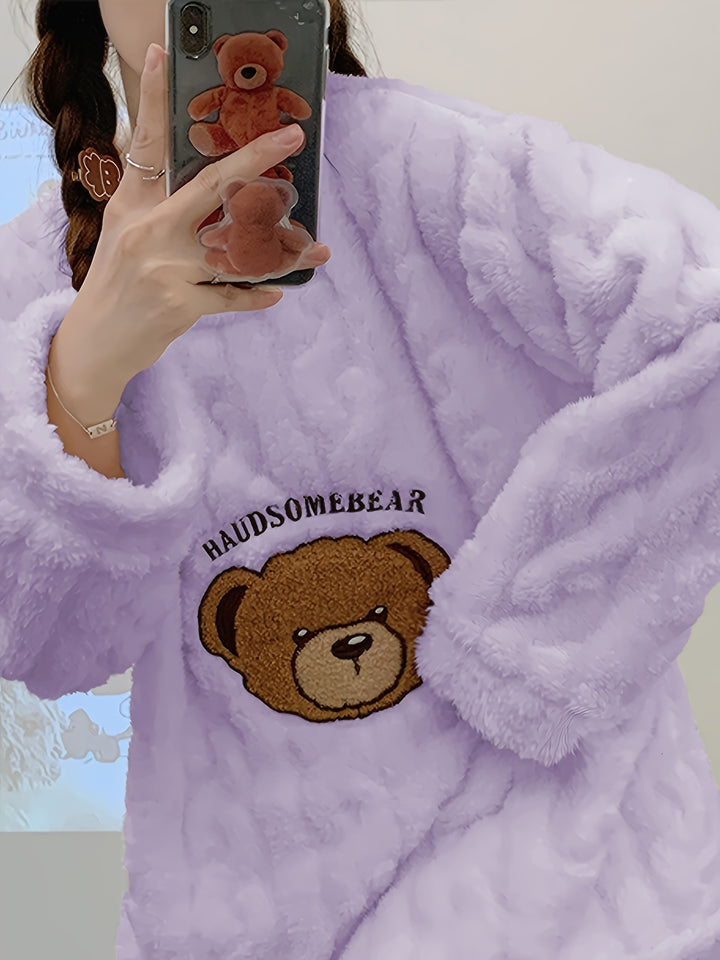 Nuovo pigiama caldo e spesso autunno/inverno, top a maniche lunghe in jacquard con motivo a orso e pantaloni in flanella