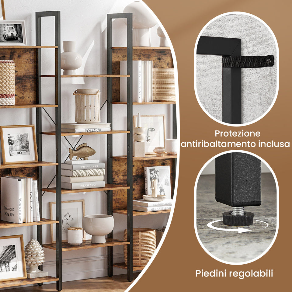 Libreria, scaffale portaoggetti con 14 ripiani, struttura in metallo, soggiorno, ufficio, stile industriale, 24 x 158 x 166 cm