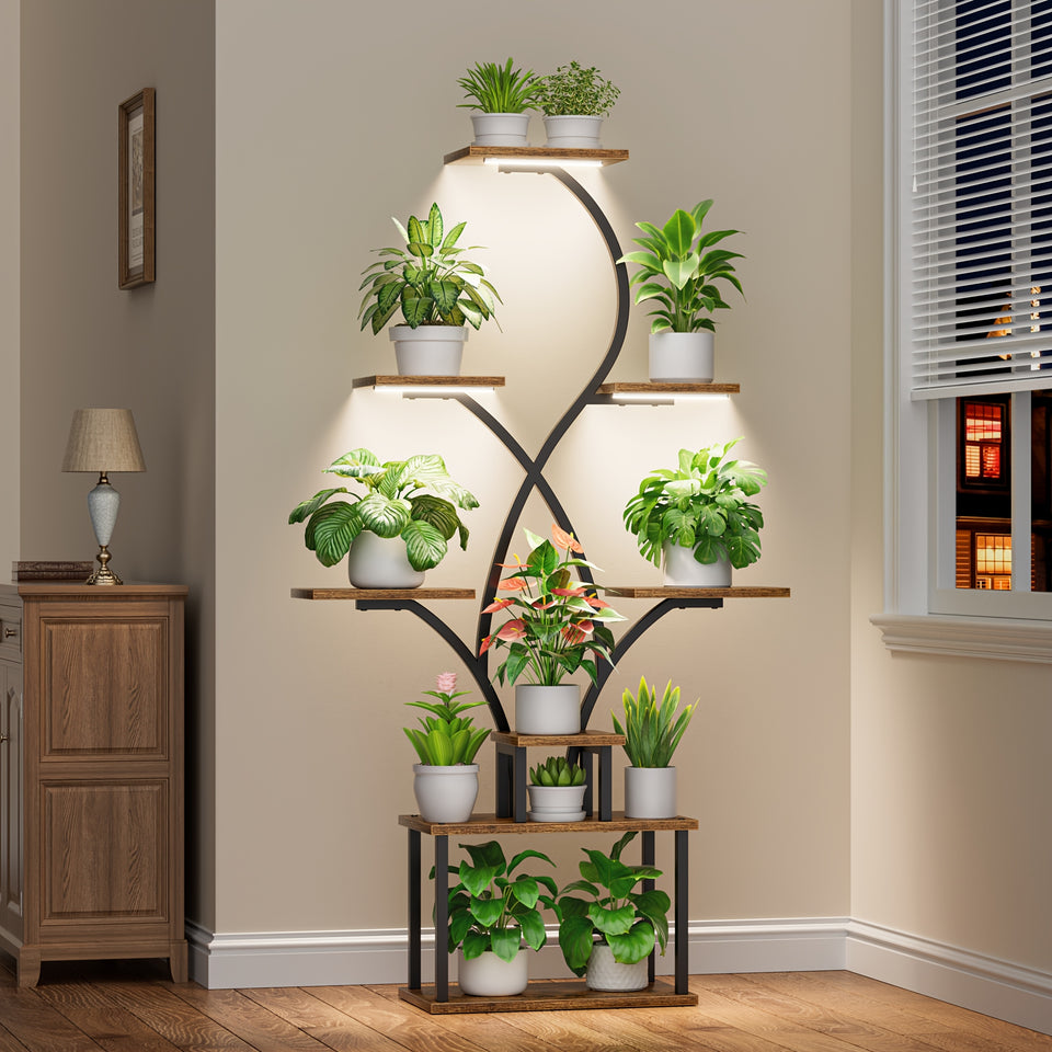 A Single Indoor Plant Stand with a Growth Light, an 8-Tier Tall Corner Storage Rack, a 157.7Cm Multifunctional Metal Display Shelf Suitable for Plants, Books, And Ornaments, a Curved Design Shelving Unit Ideal for Living Room