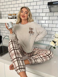 [UOMO/DONNA] Completo da notte in peluche autunno-inverno per coppie, con motivo a quadri, manica lunga e pantaloni, per uomo o donna, con ricamo casuale di un orso sulla parte superiore