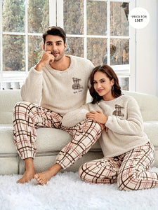 [UOMO/DONNA] Completo da notte in peluche autunno-inverno per coppie, con motivo a quadri, manica lunga e pantaloni, per uomo o donna, con ricamo casuale di un orso sulla parte superiore