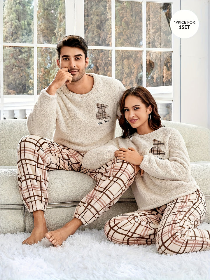 [UOMO/DONNA] Completo da notte in peluche autunno-inverno per coppie, con motivo a quadri, manica lunga e pantaloni, per uomo o donna, con ricamo casuale di un orso sulla parte superiore