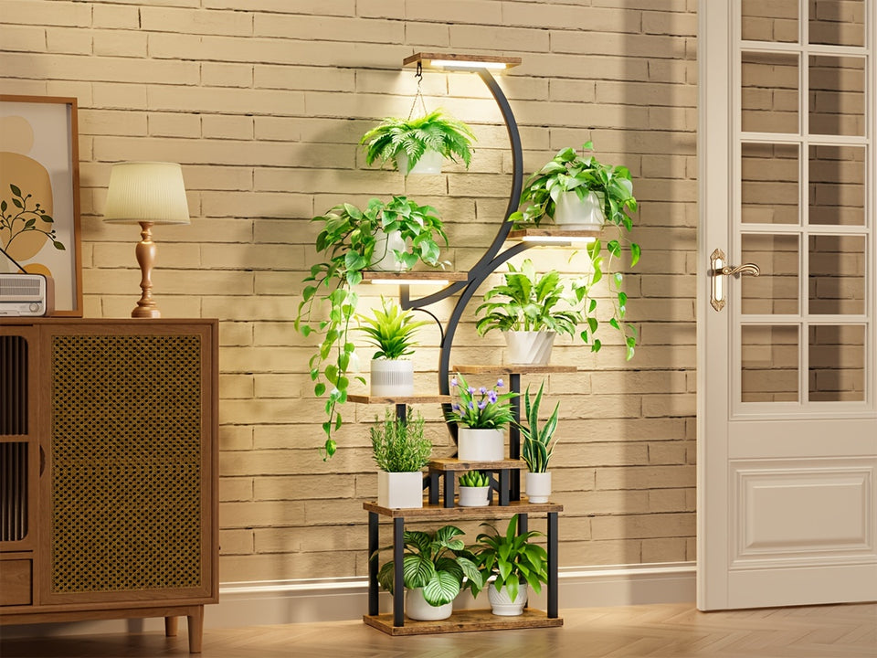 Plant Stand Indoor with Grow Lights, Multi-functional Metal Display Stand, 157cm High & 8 Storey Indoor Shelf for Multiple Plants, Curved Shape Plant Stand, Suitable for Living Room, Courtyard, Balcony, Corner (Without Adapte