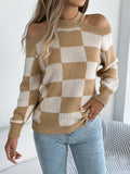 Women's Off-Shoulder Color-Blocked Plaid Lantern Sleeve Sweater