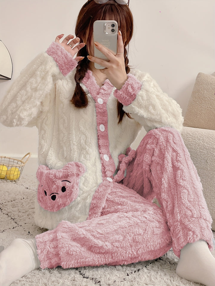 Women'S Cozy Fleece Pajama Set with Bear Embroidery - Long Sleeve, Loose Fit, V-Neck, Button-Up Front, Pockets, Soft & Warm for Fall/Winter, Casual Home Wear, Winter Pajamas | Relaxed Fit Pajamas | Construction, Pajamas for W