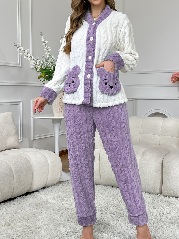 Pigiama autunno/inverno, manica lunga e gambe lunghe, orso ricamato con motivo a canguro, caldo, comodo, casual, in jacquard, per adolescenti