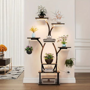 8-Tier Indoor Plant Stand with Sturdy Wood Top & Sturdy Metal Frame - 8-Tier Vertical Space-Saving Flower Shelf, Irregular Shape Design for Potted Plants, Houseplants, Balcony, Living Room, Office - Modern Farmhouse Style Dis