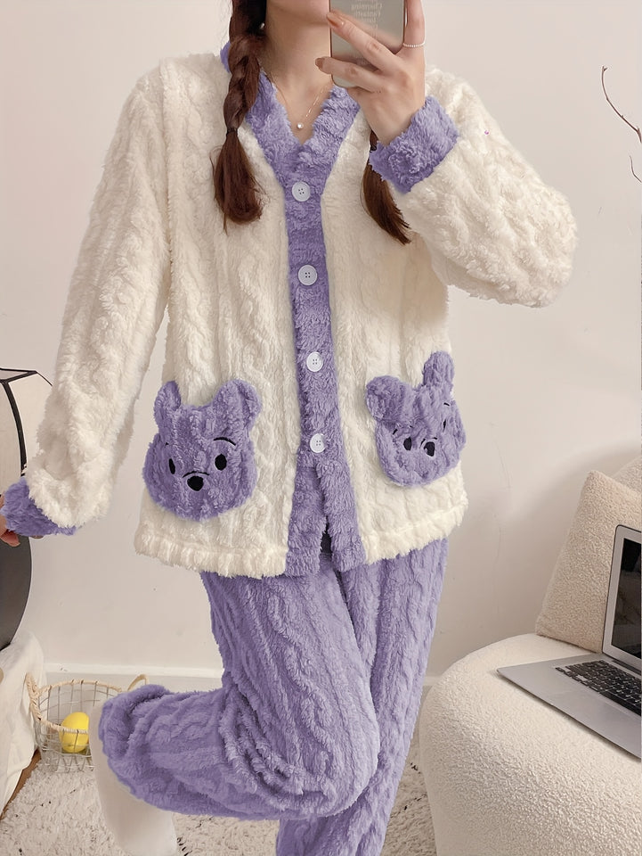 Women'S Cozy Fleece Pajama Set with Bear Embroidery - Long Sleeve, Loose Fit, V-Neck, Button-Up Front, Pockets, Soft & Warm for Fall/Winter, Casual Home Wear, Winter Pajamas | Relaxed Fit Pajamas | Construction, Pajamas for W