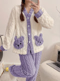 Women'S Cozy Fleece Pajama Set with Bear Embroidery - Long Sleeve, Loose Fit, V-Neck, Button-Up Front, Pockets, Soft & Warm for Fall/Winter, Casual Home Wear, Winter Pajamas | Relaxed Fit Pajamas | Construction, Pajamas for W